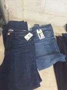 A VARIETY OF WOMENS JEANS- 1- PAIR OF JEAN SHORTS- SIZES 10- 12- 14- DIFFERENT BRANDS