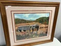 Steve St. Clair Framed Print - Deer and Covered Bridge