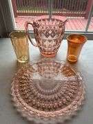 Pink Glass Diamond Cut Pitcher Set with Plate and Glasses
