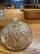 Assorted Glassware: Purple Art Glass Bowl, Covered Dish, and Brown Glass Baking Pan