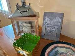Assorted Home Decor Items: Lantern, Framed Art, Planter, Figurines, and Shoes