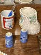 Assorted Decorative Collectibles: Framed Art, Mini Red Wagon, Floral Plaque, and More