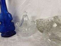 Assorted Glass Dishes and Cobalt Violin Bottle