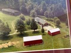 Framed Farm Aerial Photograph, Wooden Paper Towel Holder, and Watermelon Decorations