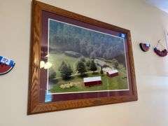 Framed Farm Aerial Photograph, Wooden Paper Towel Holder, and Watermelon Decorations