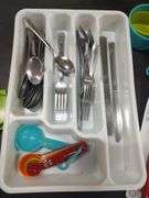 KITCHEN UTENSILS - CAN OPENER - MEASURING CUPS - SPOONS - FORKS AND KNIVES