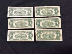 Lot of Six (6) Red Seal Two Dollar Bills