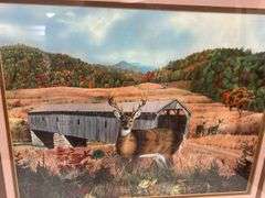 Framed Print by Steve St. Clair - Deer and Covered Bridge