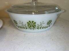 Glasbake 3-Piece Milk Glass Nesting Bowl Set - Green Floral Pattern