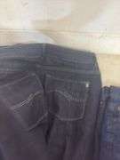 A VARIETY OF WOMENS JEANS- 1- PAIR OF JEAN SHORTS- SIZES 10- 12- 14- DIFFERENT BRANDS
