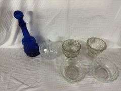 Assorted Glass Dishes and Cobalt Violin Bottle