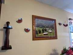 Framed Farm Aerial Photograph, Wooden Paper Towel Holder, and Watermelon Decorations
