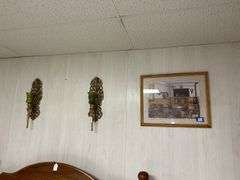 Assorted Decorative Items: Framed Artwork, Wall Sconces, and Horseshoe Decor