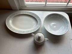 Montgomery Ward Damask China Set - Oval Platter, Bowl, Sugar Bowl
