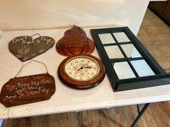 Mixed Home Decor Lot: Mirror, Clock, and Wall Hangings