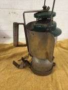 VINTAGE COLEMAN CAMPING LANTERN WITH PYREX GLASS, HEAT AND REFLECTOR SHIELD, AND CLAMP