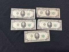Lot of Five $20 United States Federal Reserve Notes