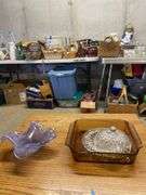 Assorted Glassware: Purple Art Glass Bowl, Covered Dish, and Brown Glass Baking Pan