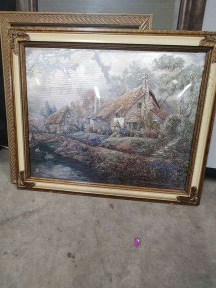 SIGNED CARL VALENTE MAGIC EFFECTS WALL HANGING PICTURE - COTTAGE SCENE - 36X31 - PLEXIGLASS HAS CRACK image
