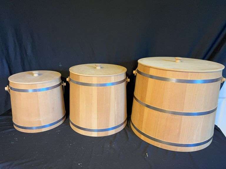 Set of 3 Basketville Vermont Wood Buckets with Lids image
