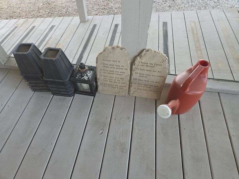 Garden Decor Lot: Stone Tablets, Watering Can, Lantern & Bed Risers image
