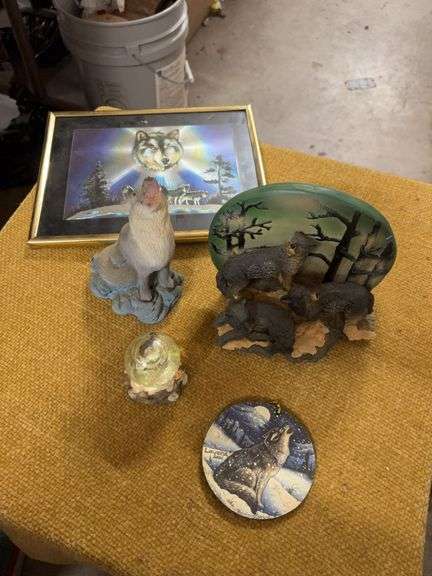 WOLF PICTURE, WOLF ORNAMENT, WOLF SNOW GLOBE, AND TWO WOLF STATUES image