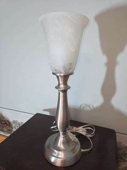 Brushed Metal Finish Table Lamp with White Swirl Glass Shade image