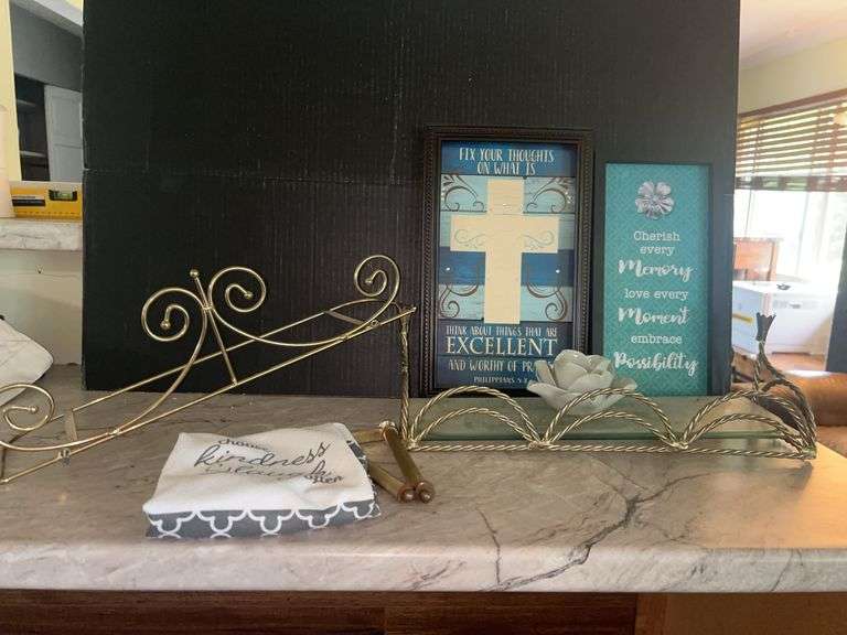 Home Decor - Cross Picture, Inspirational Sign, Flower Candle Holder, Dish Towel, and Display Stand image