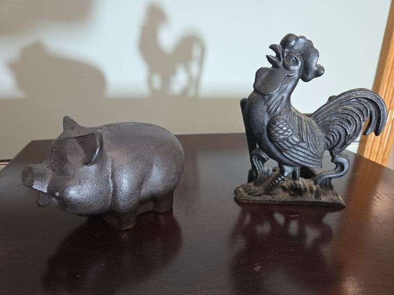 Cast Iron Pig and Rooster Figurine Set image