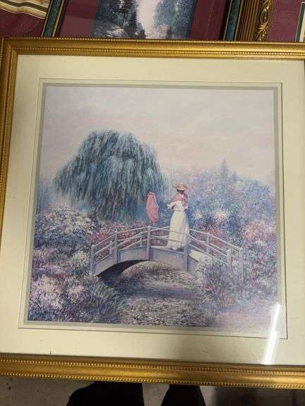 BEAUTIFUL FLOWER WEEPING WILLOW PICTURE WITH LADY ON A BRIDGE image