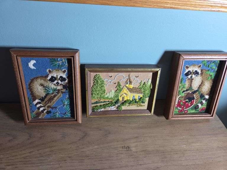 Three Framed Needlepoint Pictures image