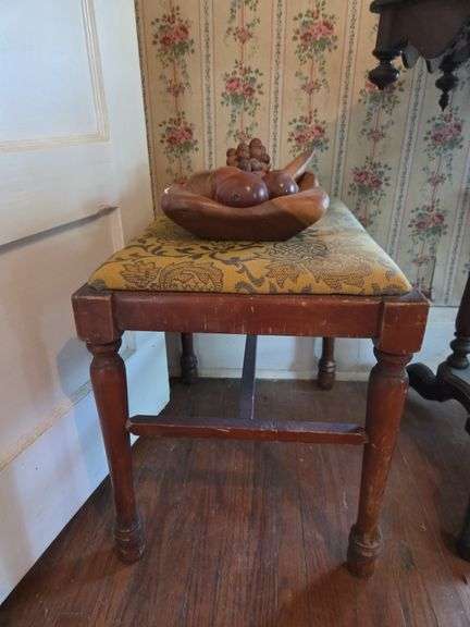 Upholstered Footstool with Wooden Fruit Arrangement image