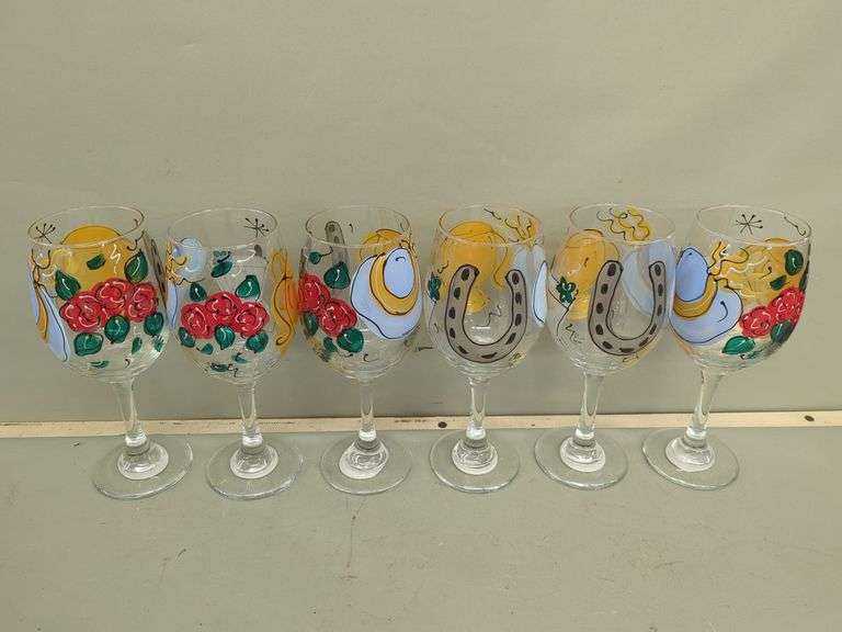 Set of 6 Hand Painted Stemmed Wine Glasses image