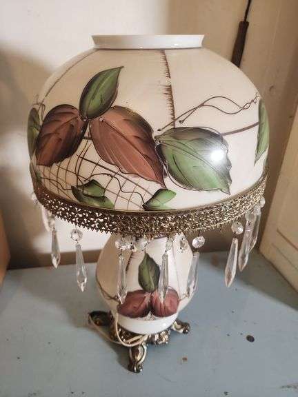 Floral Painted Glass Table Lamp with Crystal Prisms image