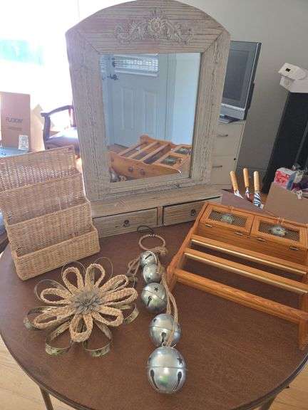 Mirror with Drawers, Spice Rack, Bell Garland, Wicker Basket and Flower Decoration image