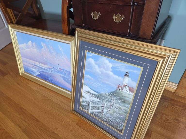 Pair of Framed Lighthouse and Beach Prints image