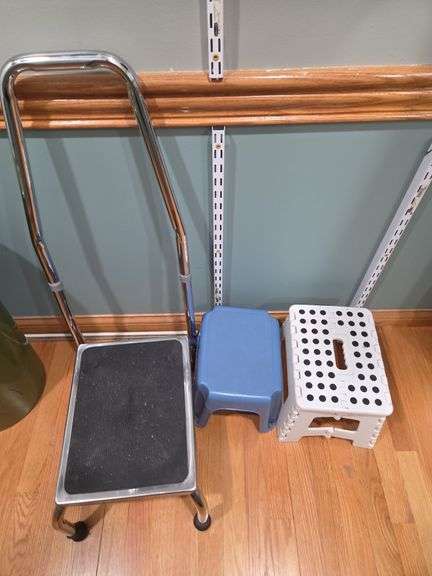 Step Stool Lot: Chrome Handled, Blue Plastic, and Folding Stool image