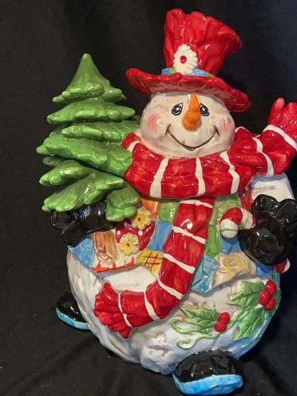 Home Interiors Snowman Cookie Jar with Christmas Tree image