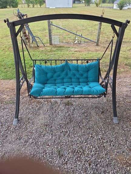 Metal Porch Swing with Teal Cushion image