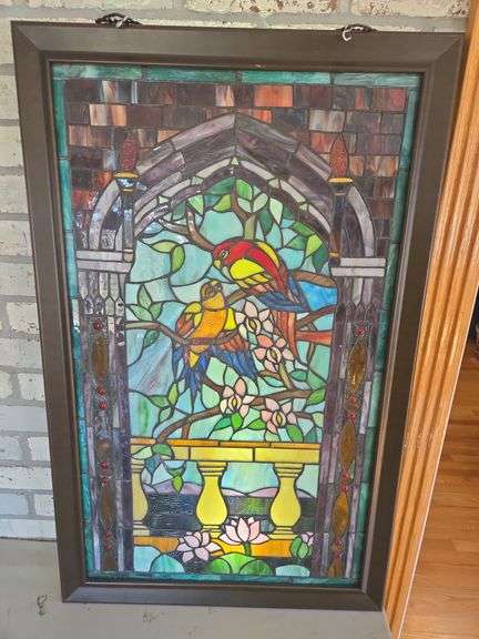 Framed Stained Glass Panel with Bird Design image