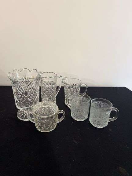 Pressed Glass Assortment - Vase, Creamers, Sugar Bowl, and Mugs image