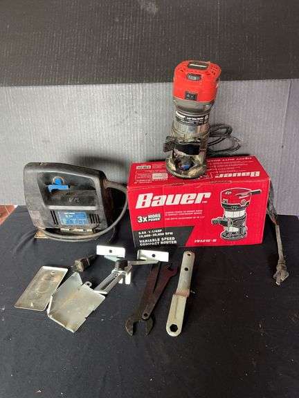 Bauer Compact Router with Case, Black & Decker Jig Saw, and Tools image