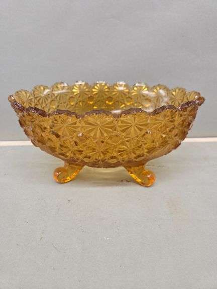 Footed Amber Glass Bowl with Starburst Pattern image