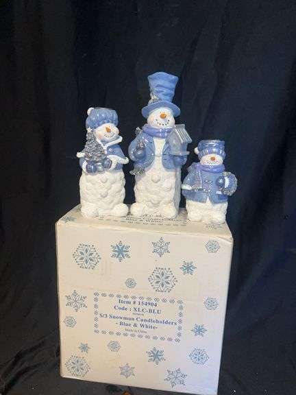 Snowman Candlestick Holders Set of 3 - Blue & White image