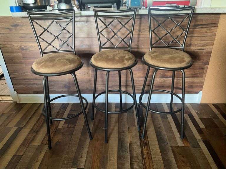 Set of 3 Bronze Finish Bar Stools with Brown Cushions image