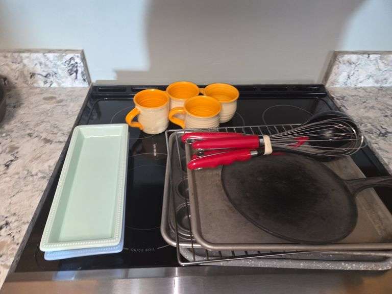 Assorted Kitchenware - Mugs, Pans, Whisk and Tray image
