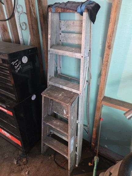 Aluminum Step Ladder and Wood Step Stool image