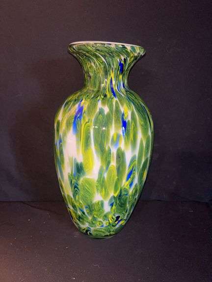 Art Glass Vase - Green, Yellow, and Blue Swirl Design image