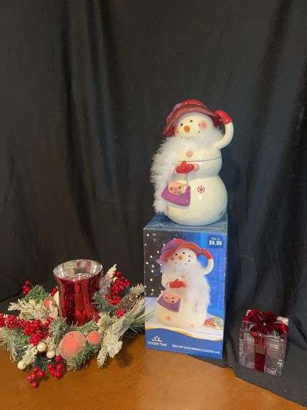 Holiday Time Red Hat Snowman Cookie Jar, Christmas Decoration & Red Glass Gift Box image
