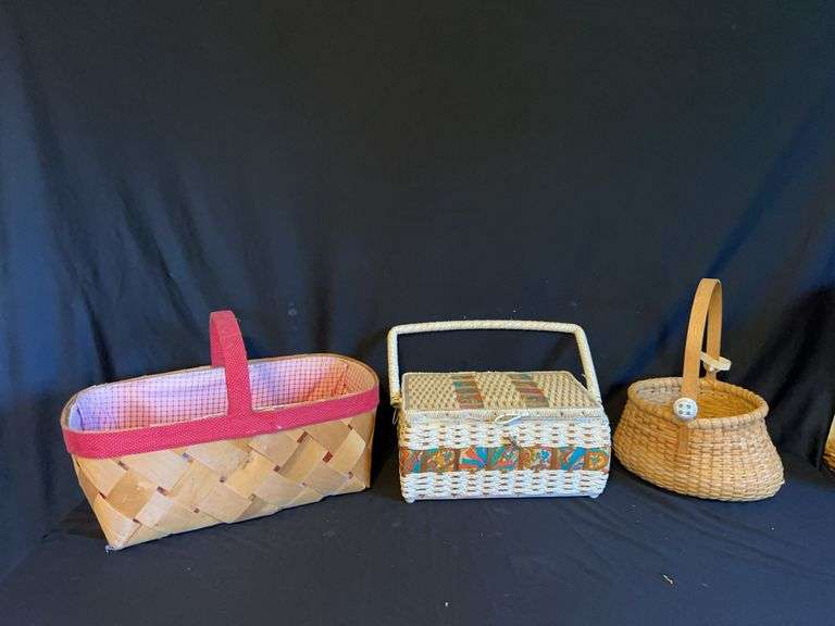 3 Woven Baskets Including Nantucket and Singer Sewing Baskets image